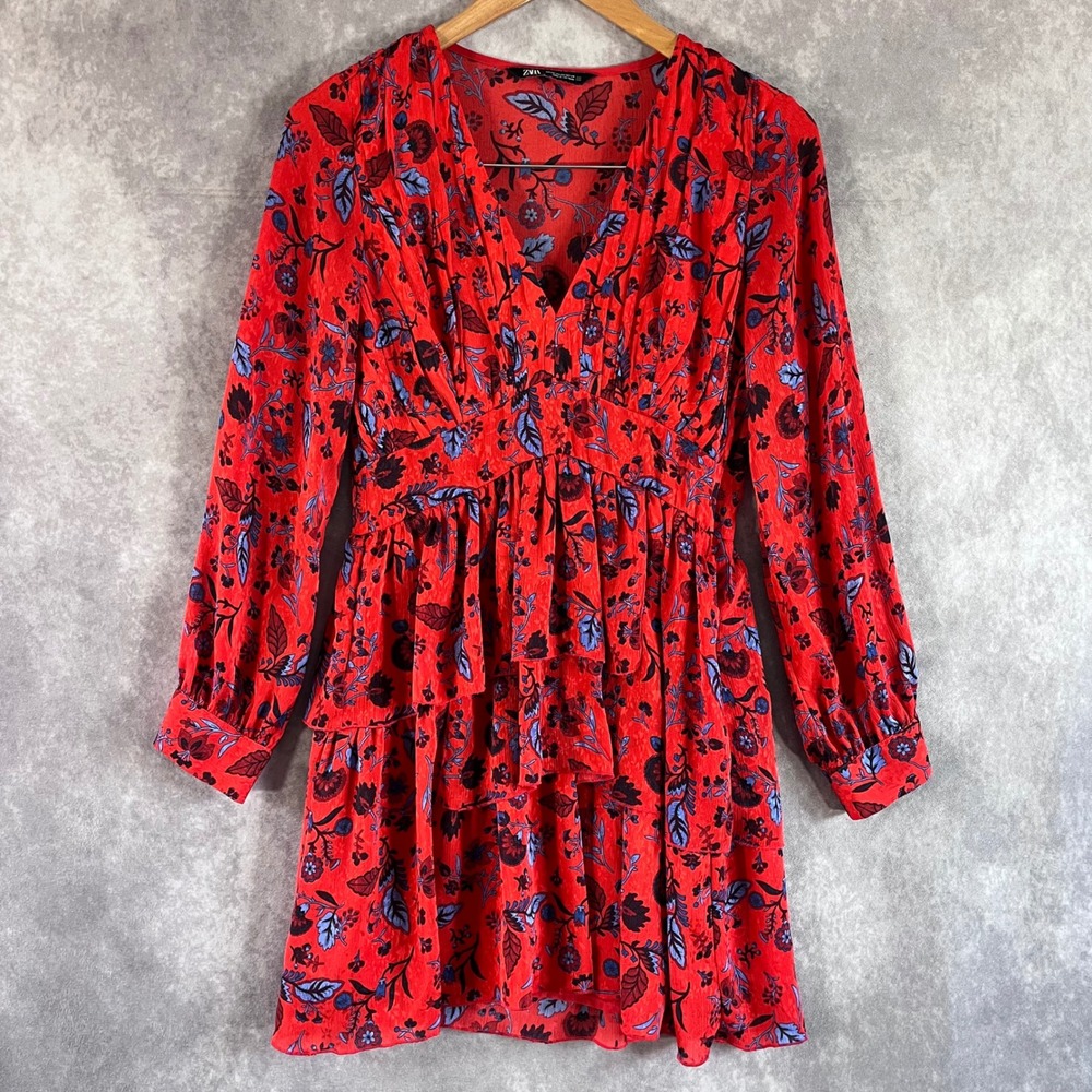 Zara Floral Mini Dress Womens XS Red Blue Tiered Ruffle Boho V-Neck Long Sleeve